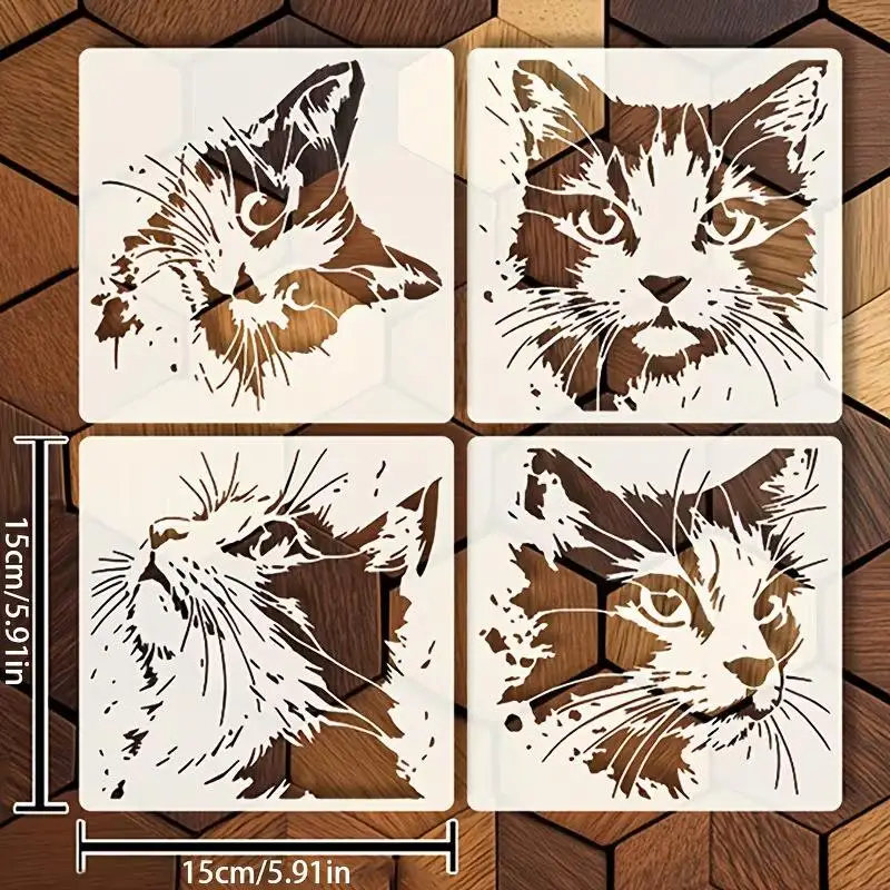 4개/세트 고양이 그림 스텐실, 귀여운 새끼 고양이 패턴이 있는 재사용 가능한 속이 빈 DIY 몰드, 나무 간판, 벽, 저널에 적합