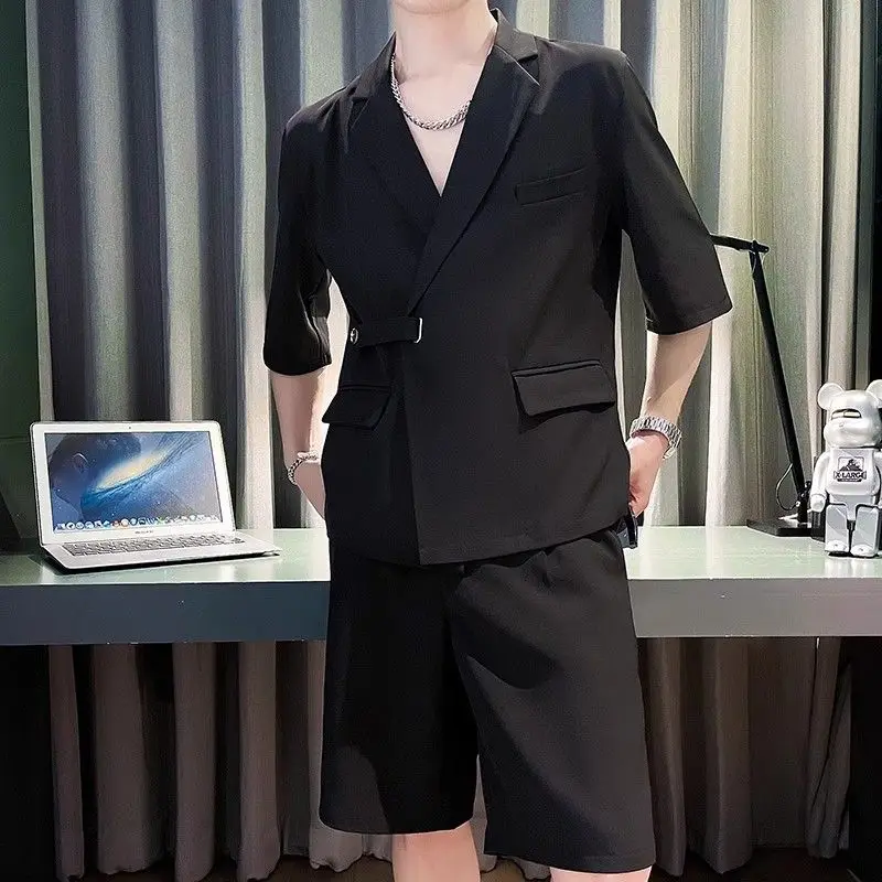 Male Blazer Short Sets Plain Men's Shorts Set Work Wear Chic Tee