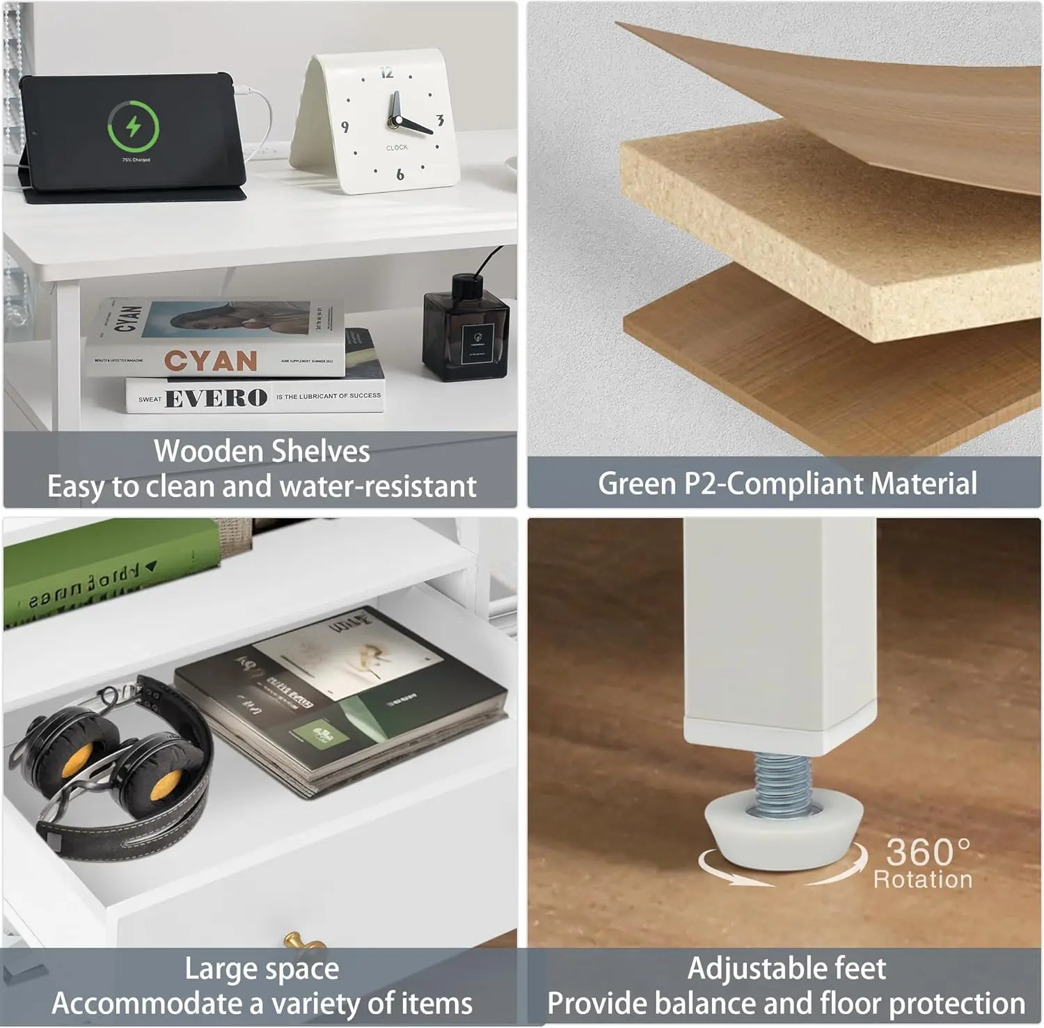 27 inch Nightstand Side Table with 1 Layer of Wooden Drawers，Nightstand with Charging Station,End Table Bedside Table