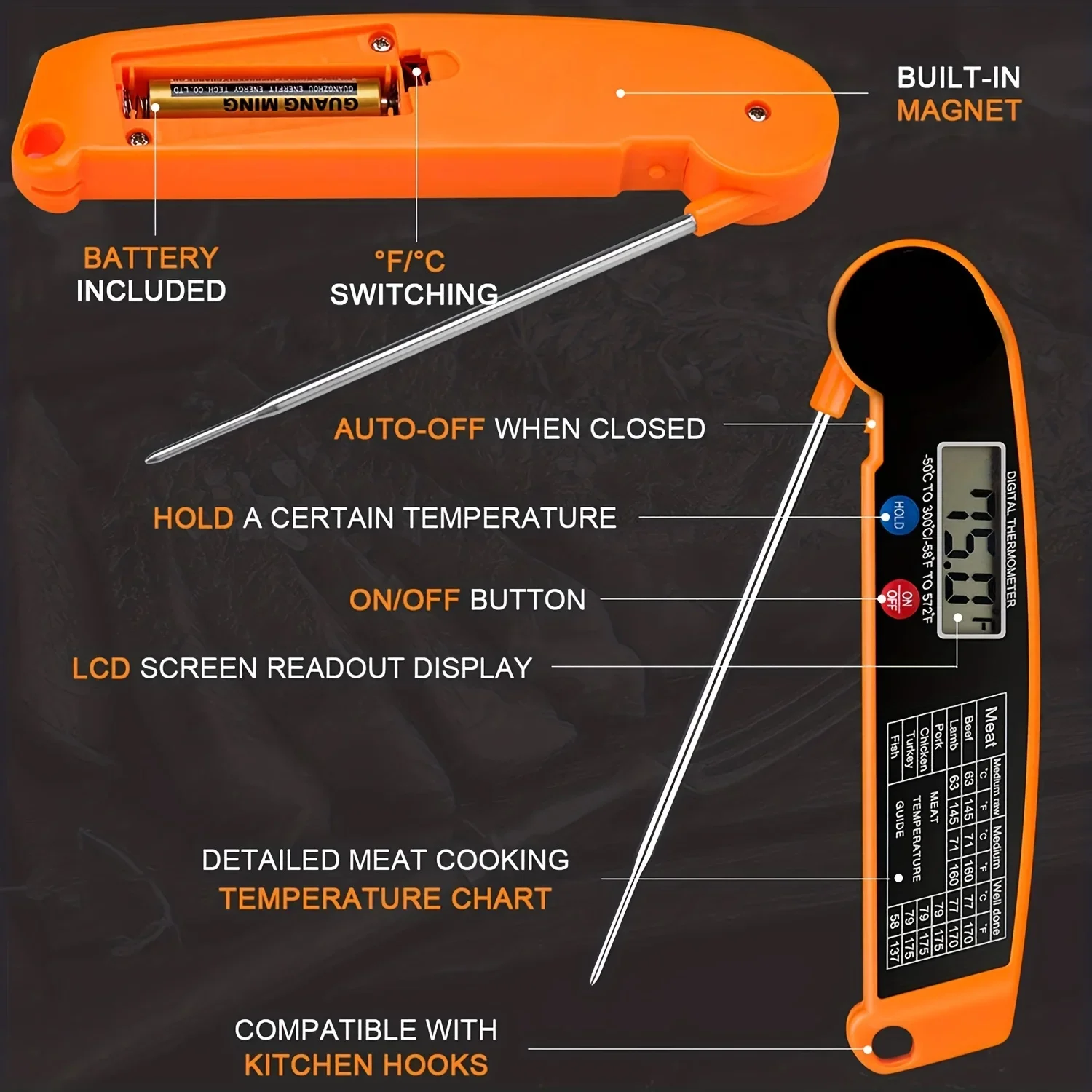 1pc Digital Thermometer, Accurate Digital Meat Thermometer for Kitchen and  BBQ Grill - Monitor Temperature with Ease