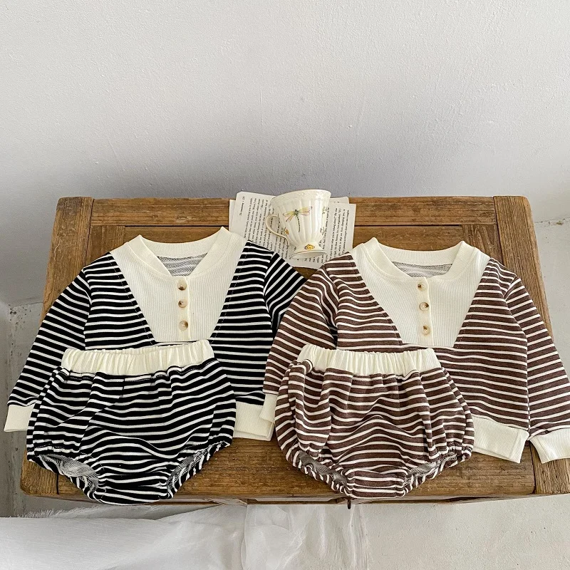 baby shirt clothing set 0-3 year old baby clothes autumn boys and girls striped long-sleeved pullover + shorts baby simple long-sleeved trousers suit Baby Clothing Set medium