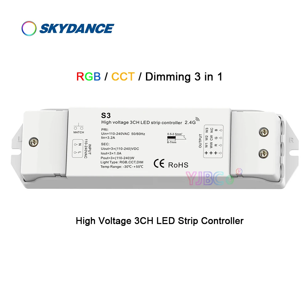 S3 RGB/CCT/Dimming High Voltage LED Controller 110V-220V AC 3CH RF 2.4G Push Dim dual color/single color 3 in 1 LED Strip Dimmer 110v 220v rgb cct dimming 3 in 1 high voltage led controller s3 3ch dual color single color led strip rf 2 4g push dim dimmer