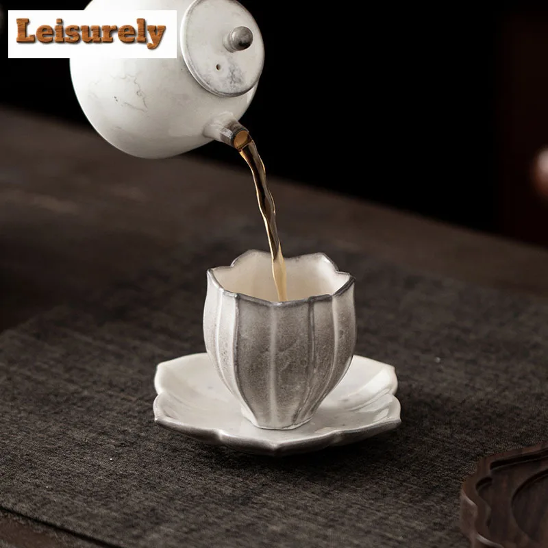 90ML Ink Painting Zhiye Roasting Lotus Teacup Retro Tea Bowl Tea Pair Tea-tasting Fragrance Cup Chazhan Master Cups Tea Services
