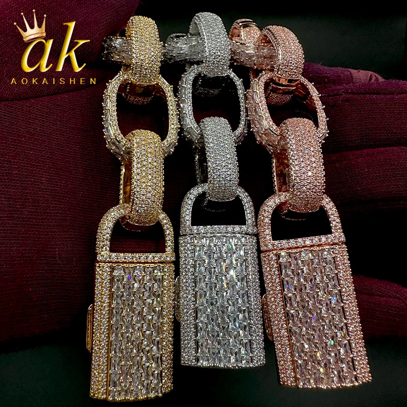 Aokaishen Box Cuban Link Bracelet for Men Iced Out Prong Setting Gold Plated Hip Hop Fashion Jewelry