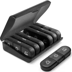 Weekly Pill Organizer with Tri - Daily Compartments - Light - Resistant Container for Vitamins and Supplements (Black)