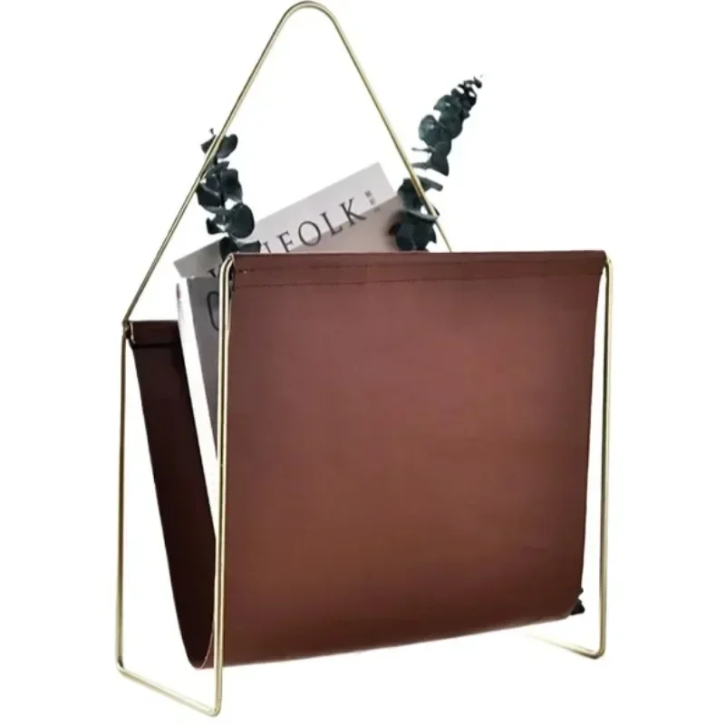 Luxury Nordic Modern Metal Leather Magazine Rack Home Sofa Corner Storage Creative Handle Bookshelf