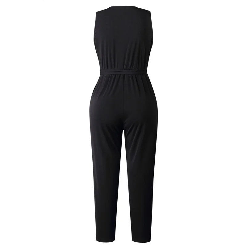 Women Solid Bandage Casual Jumpsuits 2021 Summer Fashion Lace Sleeveless V-neck Pocket Long Pants Rompers Black Jumpsuit Female