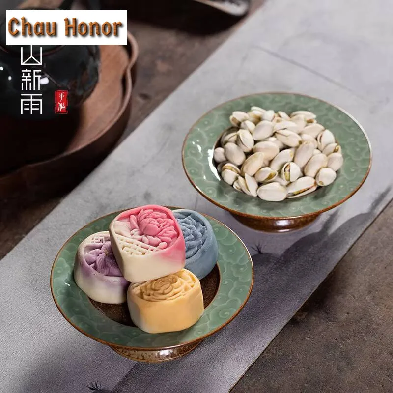 Longquan Celadon High Foot Fruit Plate Ancient Kiln Change Fruit Dishes Dessert Tray Plates for Food Serving Tray Collection