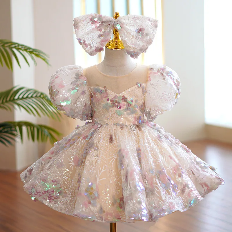 

Luxury Short Little Girls Evening Party Dresses Sequin Wedding Birthday Costume Ball Gown Formal Lace Dress Prom Frock For Kids