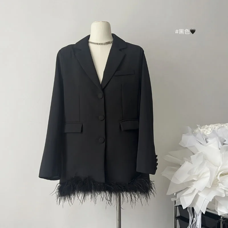 

Sexy Autumn-winter Temperament Suit Jacket Women's Black Ostrich Fur Vintage Commuter Fashion Style Office Jacket