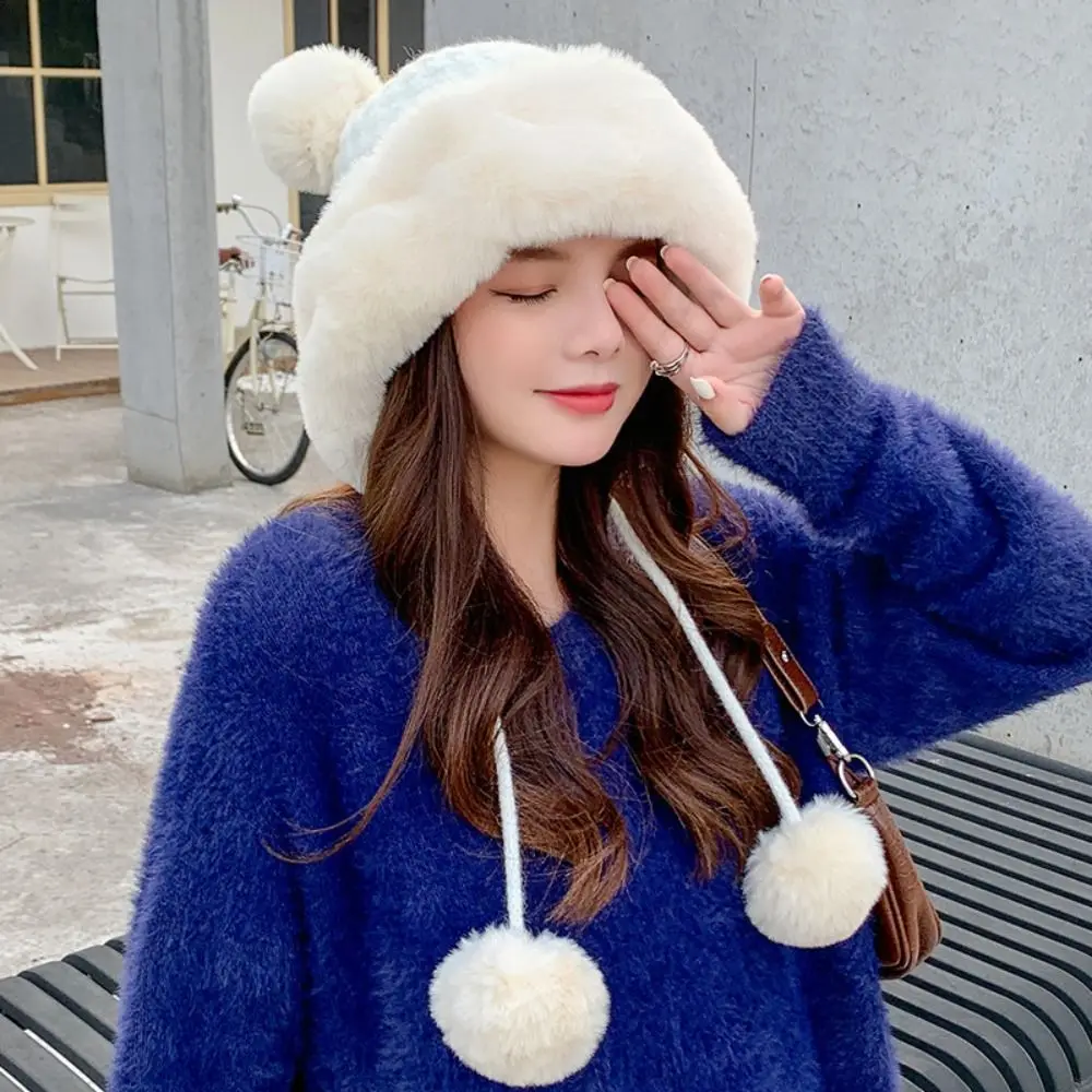 

Cold-proof Faux Fur Beanies Hat Cold Protection Winter Warm Thicken Furry Caps Pom Pom Ball Hats Women Accessories