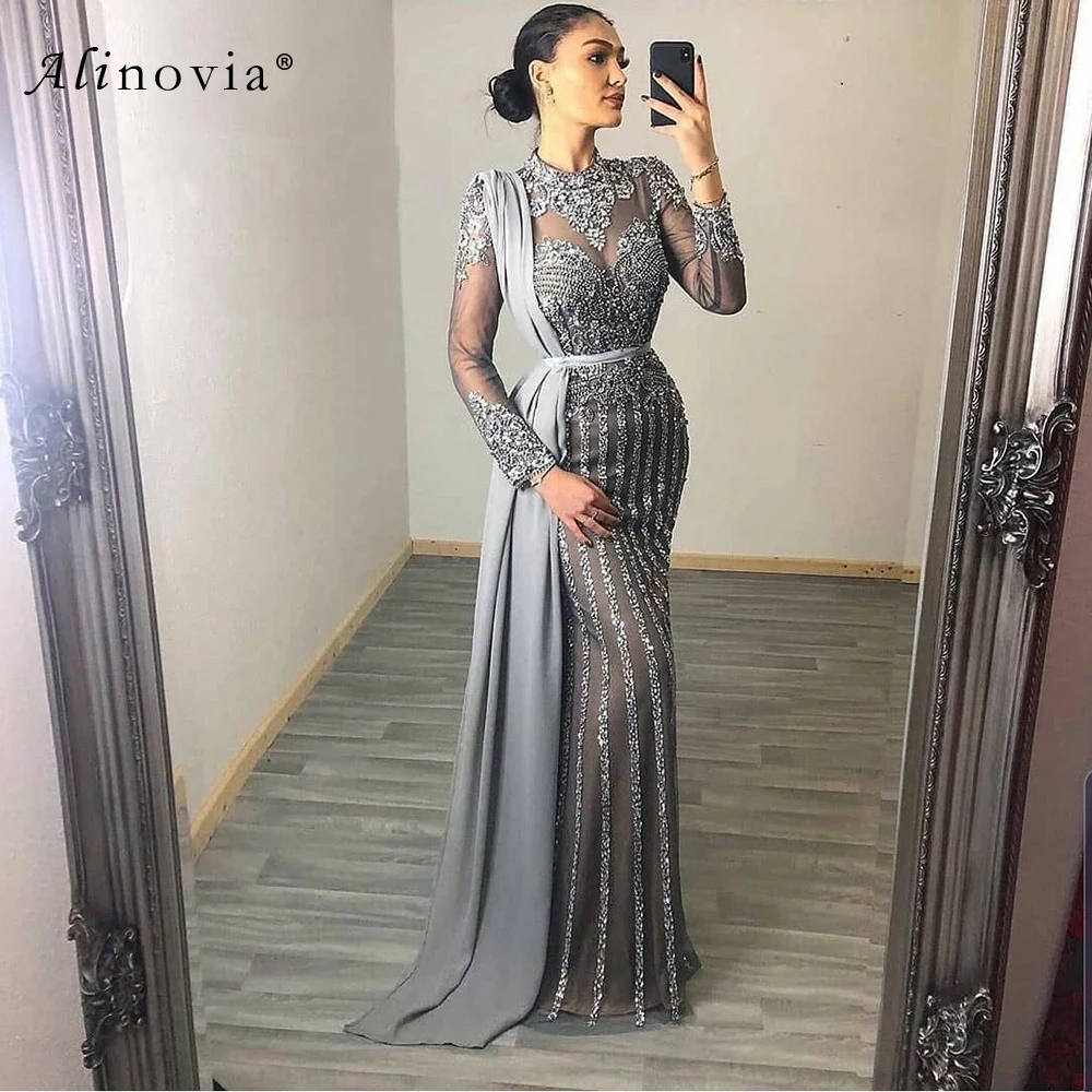 

Alinovia Muslim Mermaid Diamond Evening Dress for Women 2023 Long Sleeves with Detachable Skirt Formal Prom Wedding Party Gowns
