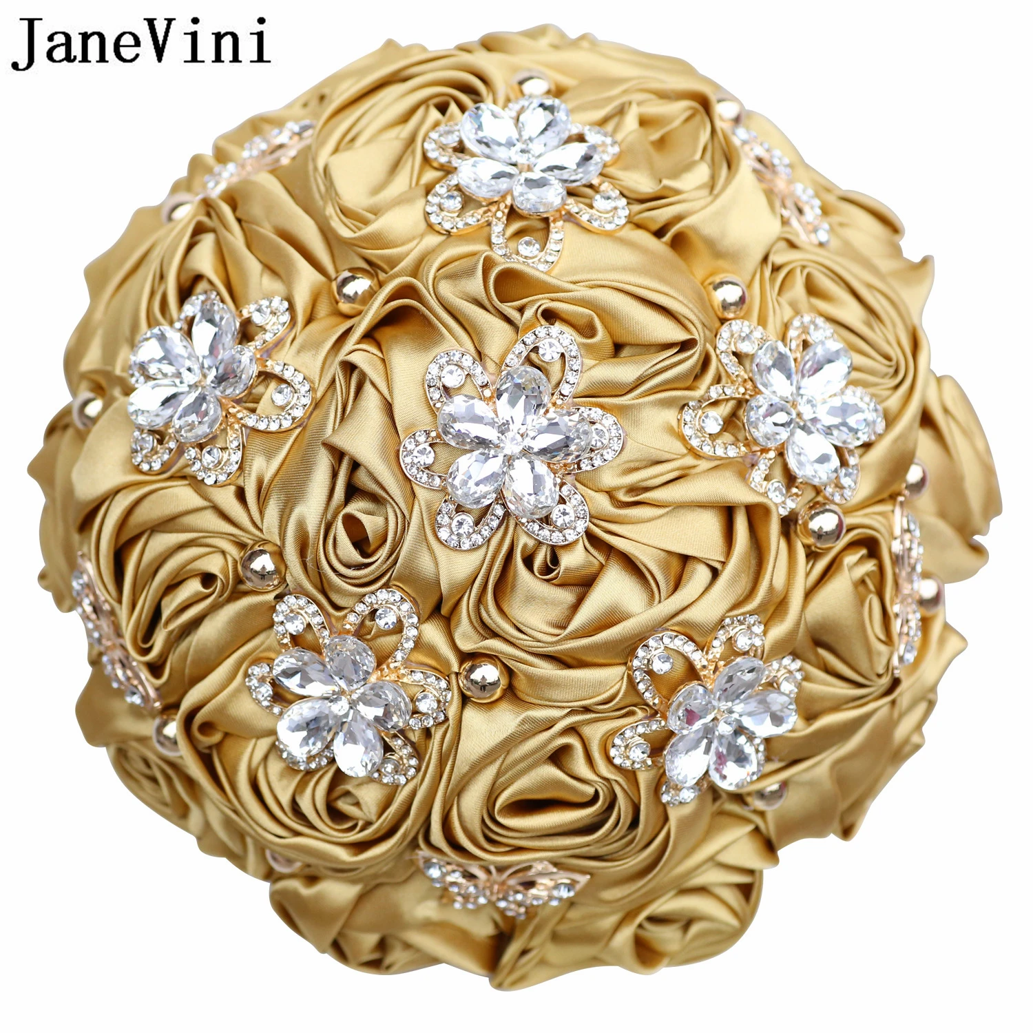 JaneVini Luxurious Gold Wedding Bouquets Sparkly Crystal Rhinestones Dark Green Roses Bridal Artificial Holding Flowers ślub