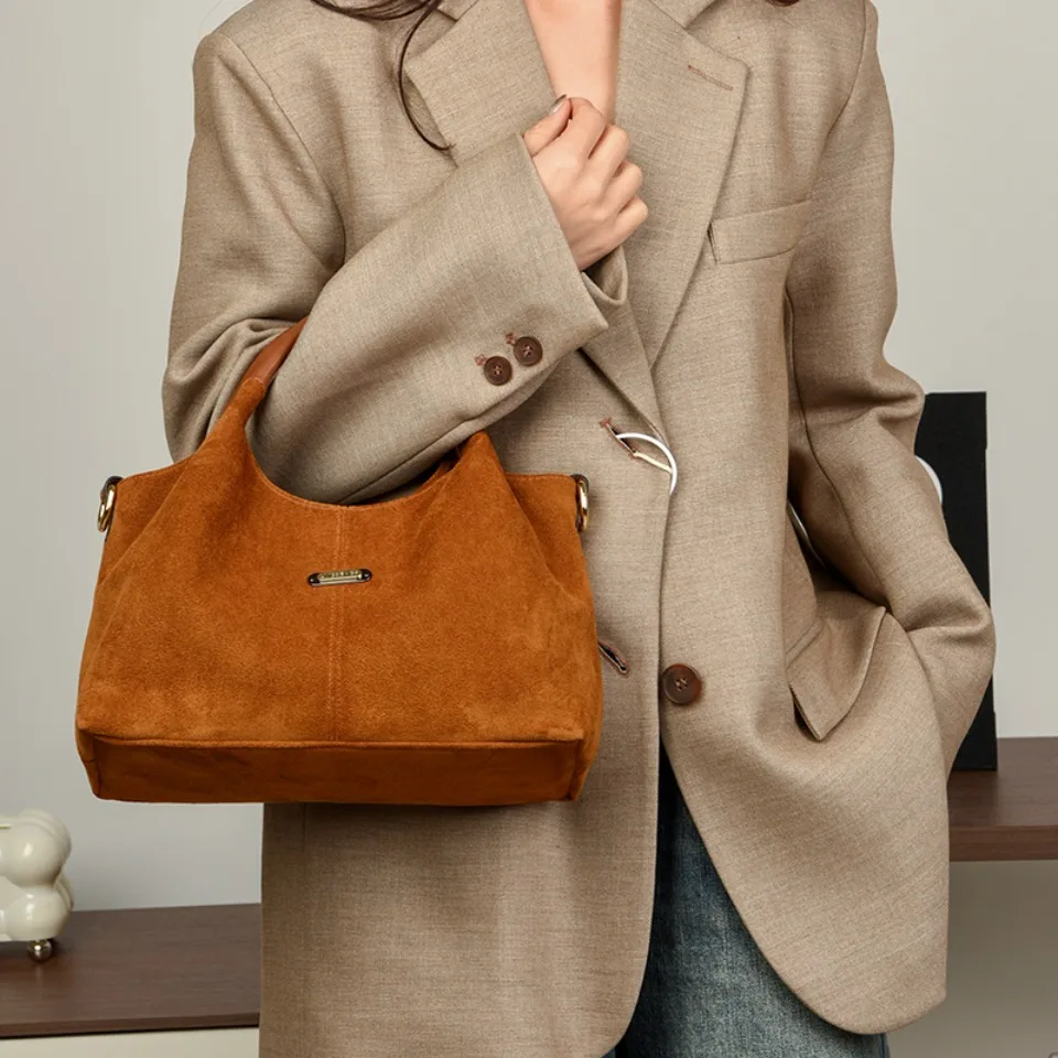 Faux Suede Handbags - Soft Casual Messenger Bag with Zipper Closure for Women