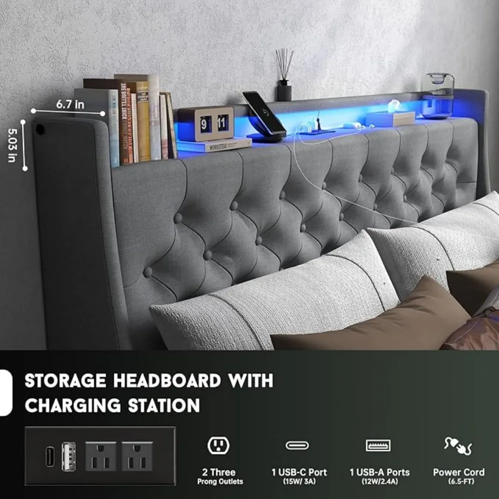 Queen Bed Frame with 2 Storage Drawers and Luxury Wingback Upholstered Button Tufted Storage Headboard Charging Station 3