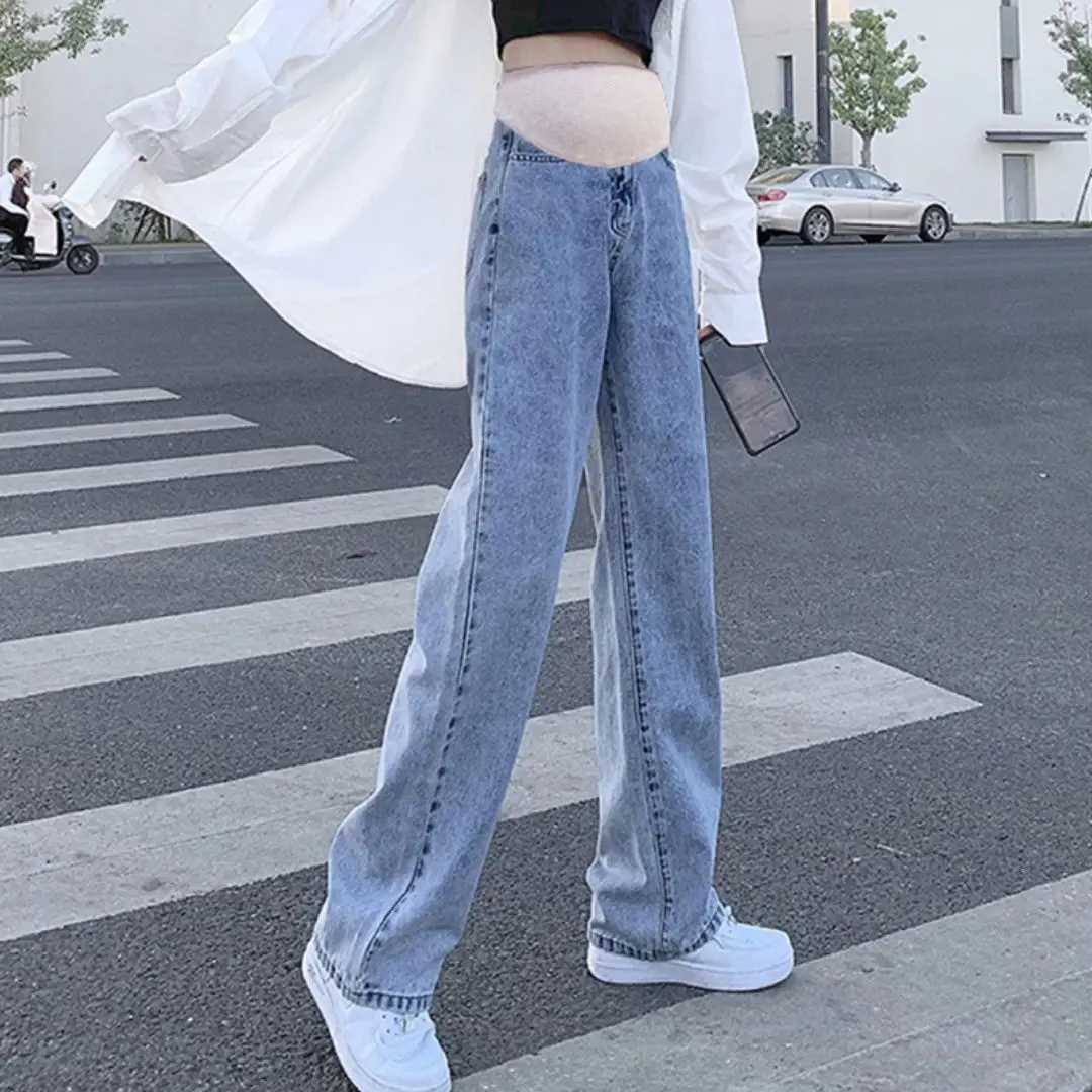 Pregnant women\'s jeans spring and autumn jeans wear straight-leg pants spring and summer pregnant women wear loose wide-leg mate