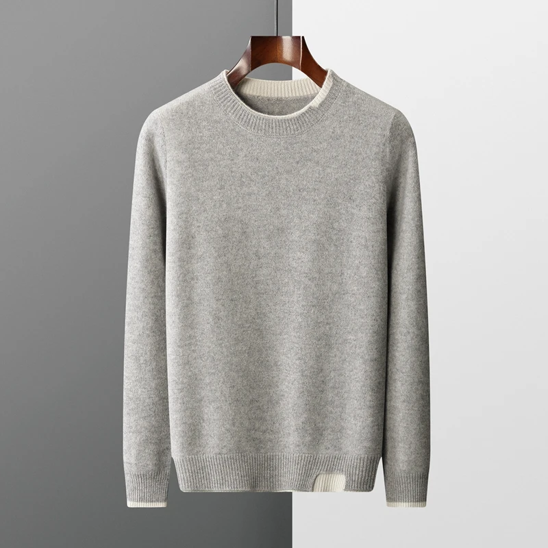 100% Pure Wool Sweater Men's Round Neck Color Contrast Top Autumn and Winter Knitted Thickened Thermal Pullover Two Fake Pieces