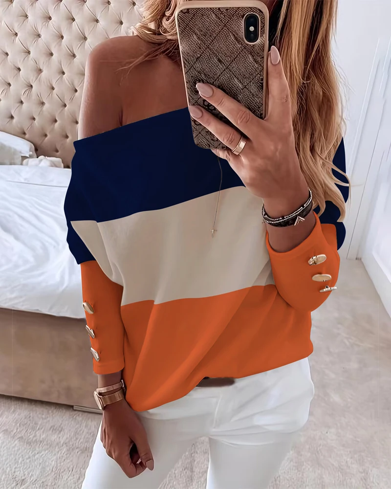 

2024 Summer Temperament Commuting Elegant Style Sleeves Women's Patchwork Contrast Printed Off the Shoulder Casual Top