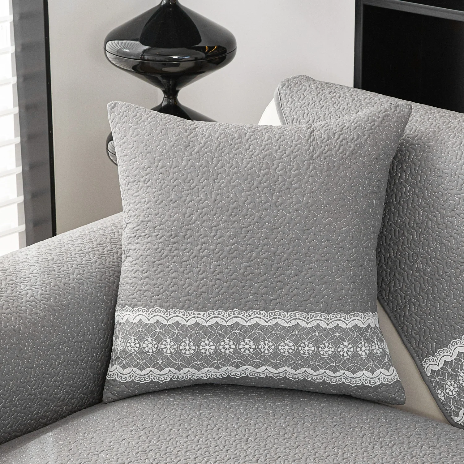 1pc Simple Quilted Sofa Cover with Lace Decor Couch Cushion Cover for Living Room Sofa Towel, Four Season Anti-Slip Slipcover 5