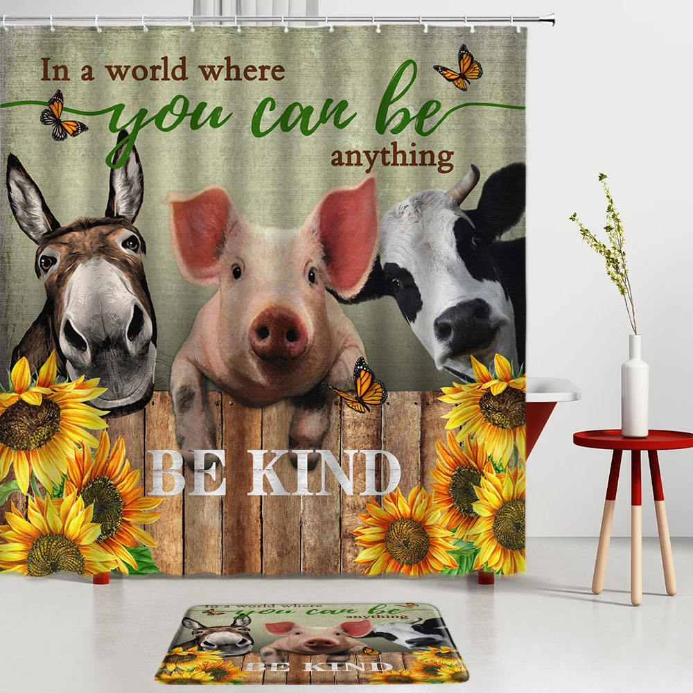 

Vintage Farm decor Shower Curtain with Bath Mat Rustic Sunflower Funny Animal Pig Cow Donkey Fabric Bathroom Curtain Floor Rug