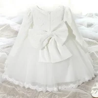 Long Sleeve Dress for Baby Girl Wedding New Year Party Lace Bow Kids Xmas Dresses Infant 1st Pink Birthday Princess Baptism Gown 3