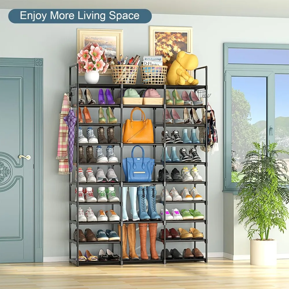 3 Row 10 Tier Large Shoe Rack Organizer for Closet Entryway, Metal Shoes Shelf Tall Vertical Stackable Shoe Stand 2