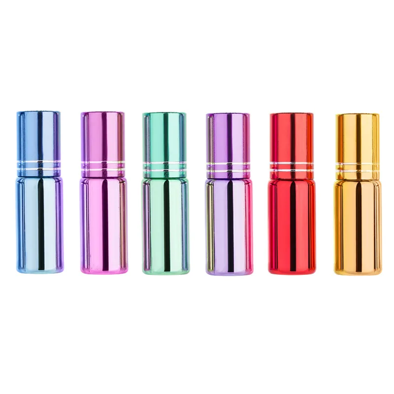 

100pcs 5ml UV Colorful Glass Perfume Roll on Bottle Small Portable Essential Oil Vial Stainless Steel Ball Refillable Bottle
