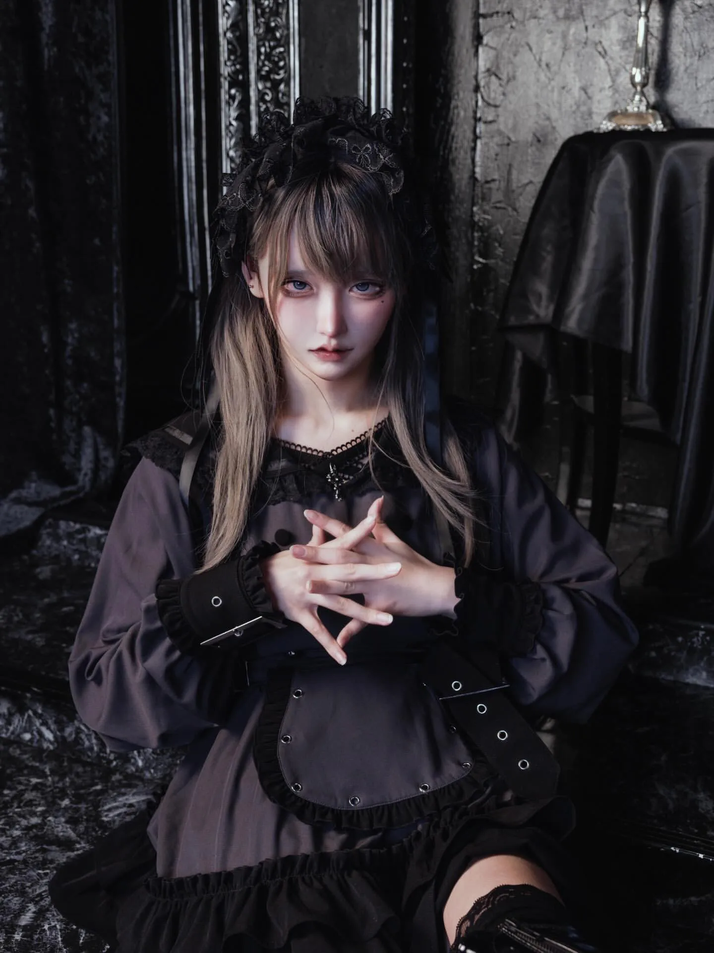 Women's Gothic Navy-Collar Maid Dress Set
