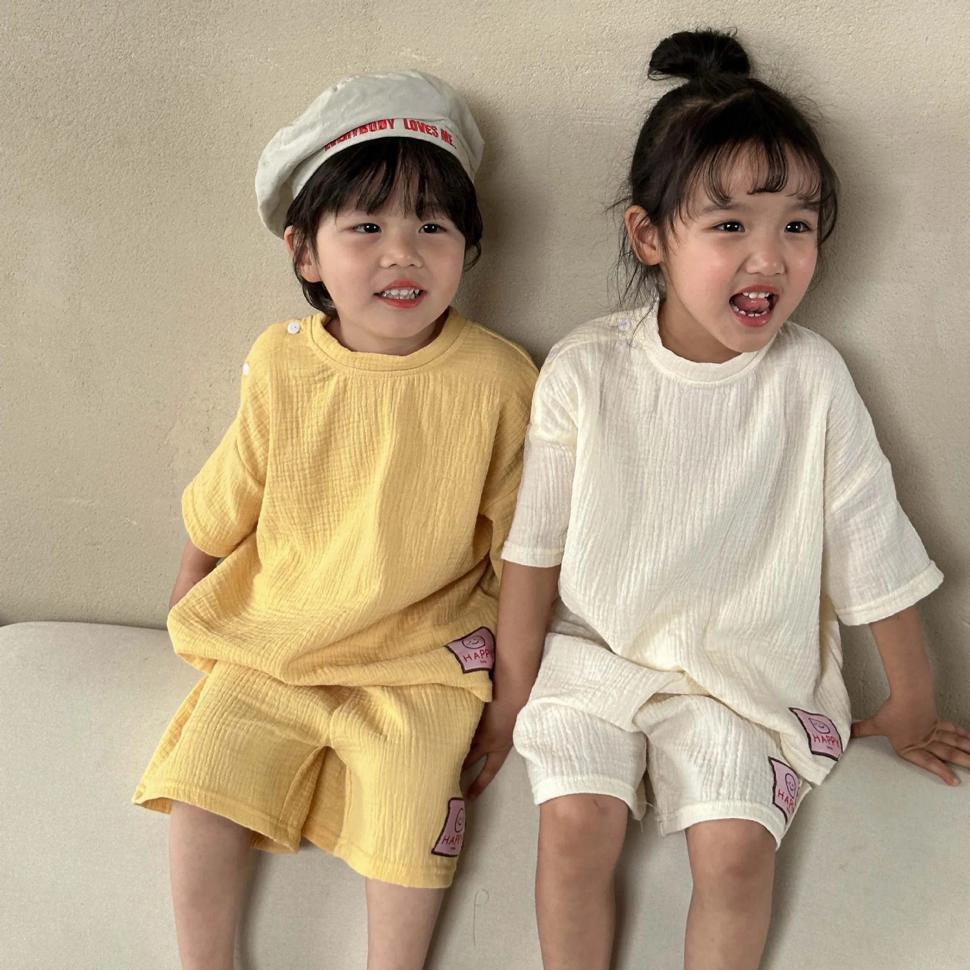 

2023 Summer New Children Short Sleeve Clothes Set Baby Boys Girls Top + Shorts Solid 2pcs Suit Kids Cotton Yarn Casual Outfits