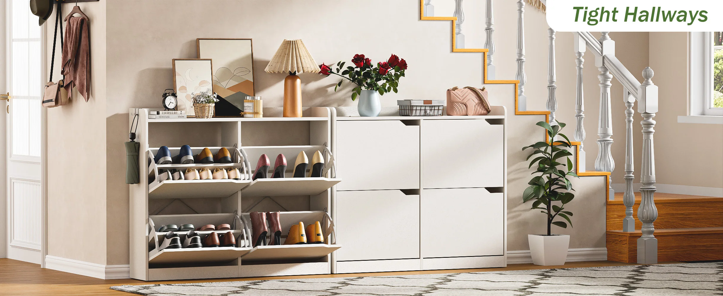 Schuhschrank mit Türen, Holz-Schuhaufbewahrung, Schmaler Schrank mit Verstellbaren Regalen, Große Kapazität für Eingangsbereich und Schlafzimmer, Wohnmöbel – Detail 1