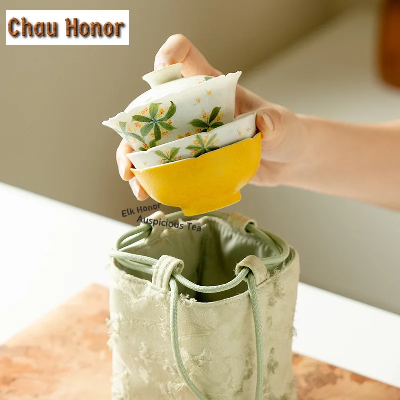 Hand-painted Osmanthus Flowers Travel Tea Set Kit Antique 1 Pot 2 Cups Household Tea Brewing Organizer Portable Outdoor Handbag