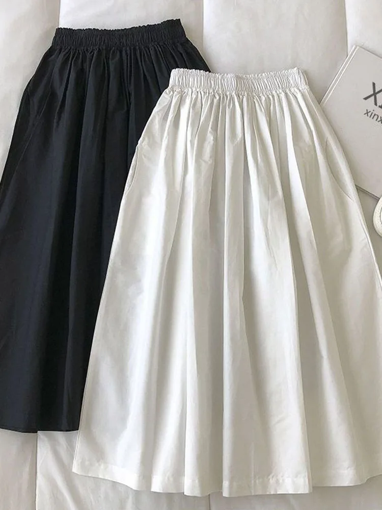 Women's White Long Skirt High Waist A-Line Knee-Length Fashion Pockets Pleated Casual Elegant Skirts for Autumn 2024 2