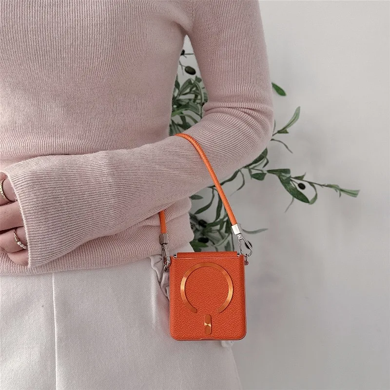Enhanced Leather Magnetic Cover with Wristband and Lanyard for Seamless Wireless Charging