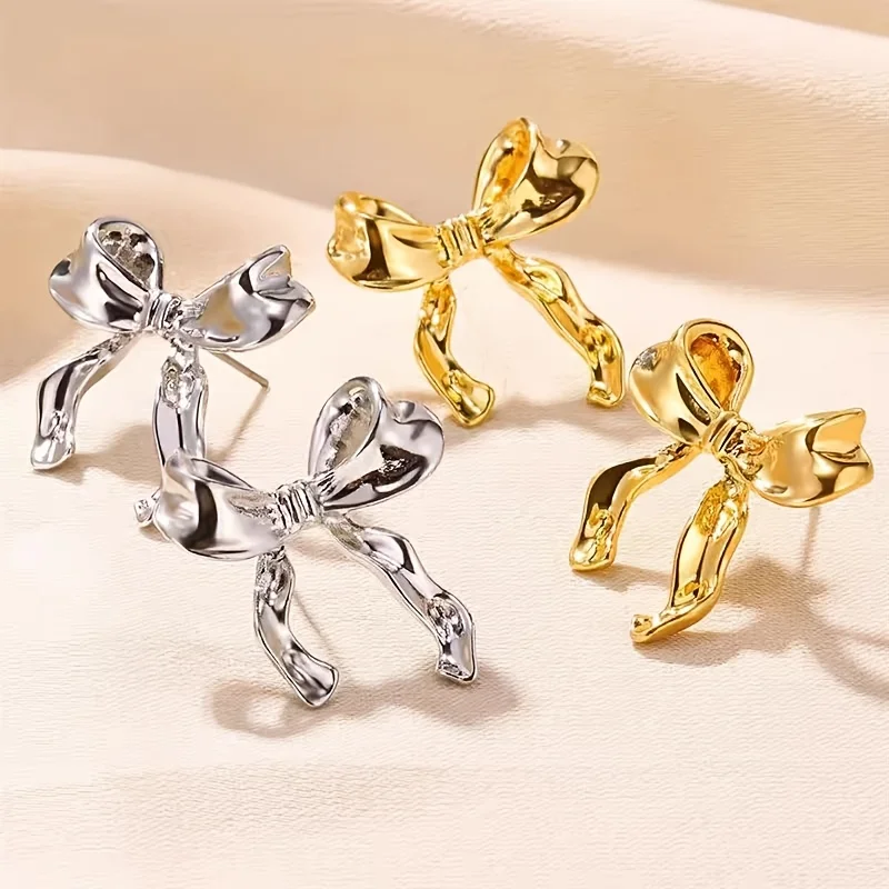 Golden Silvery Bow Earrings Women Ribbon Stud Earrings Gifts