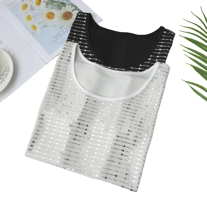 100kg Plus Size Women's Tank Top Temperament Sequin Vest With Base Sleeveless T-shirt 628