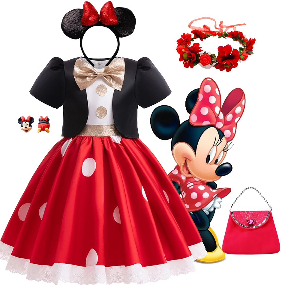 

Disney Girls Minnie Mickey Dress with Coat 2 Pcs Toddler Kids Halloween Cosplay Polka Dot Bowknto Clothes Children Fancy 2-10T