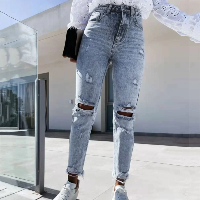 Women Button High Waist Pocket Elastic Hole Pants 2021 Ladies Ripped Stretch Slim Fit Jean Trousers Casual Denim Pant Streetwear spring street women tooling low waist wide leg jeans denim loose pants with pockets 2021 ladies fashion casual splicing trousers