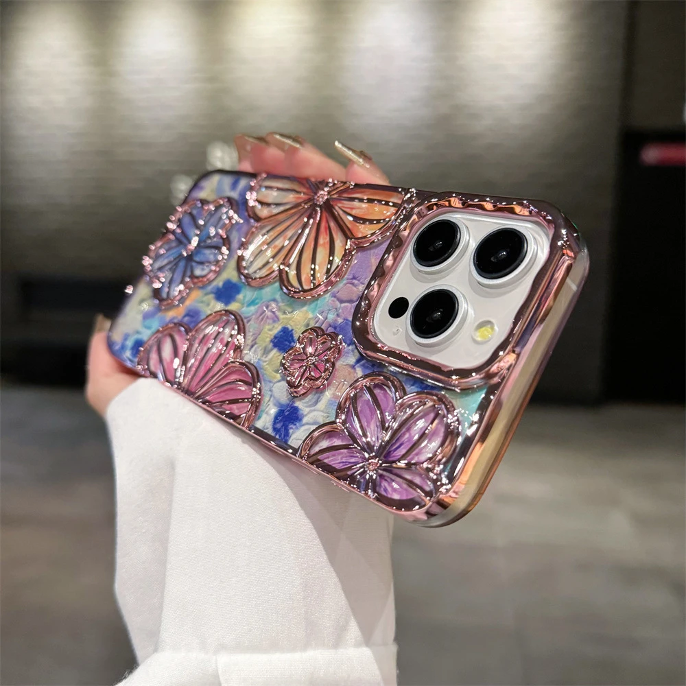 Luxury Plating Colour Fashion Flowers Phone Case For iPhone 11 12 13 14 15 Pro Max Soft Bumper Protector On 14 Pro Cover