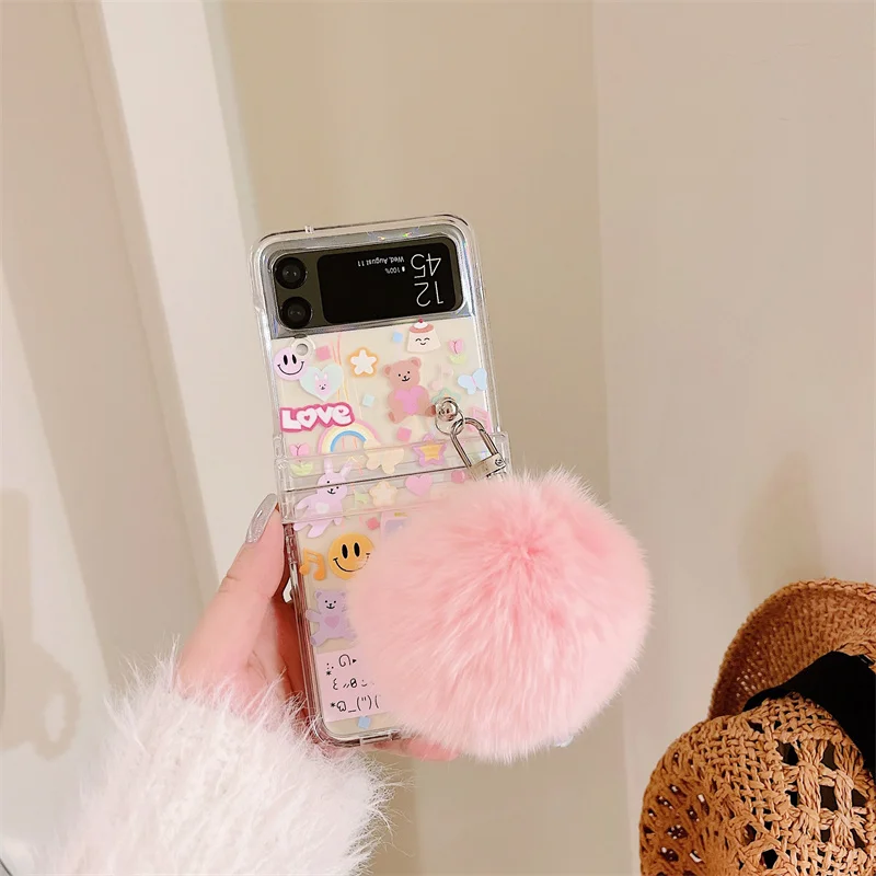 3 in 1 Laser Phone Holder Case For Samsung Galaxy Z Flip 3 5G Hard Cover Cute Bear Pompom Bracelet For ZFlip3 Flip3 Shell Stand samsung galaxy z flip3 case