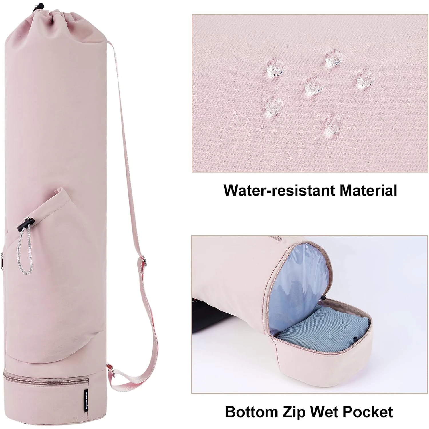 Yoga Mat Bag-Large Opening Long Tote Carrier with Waterproof Wet Pocket and Drawstring Water Bottle Pocket Adjustable Strap