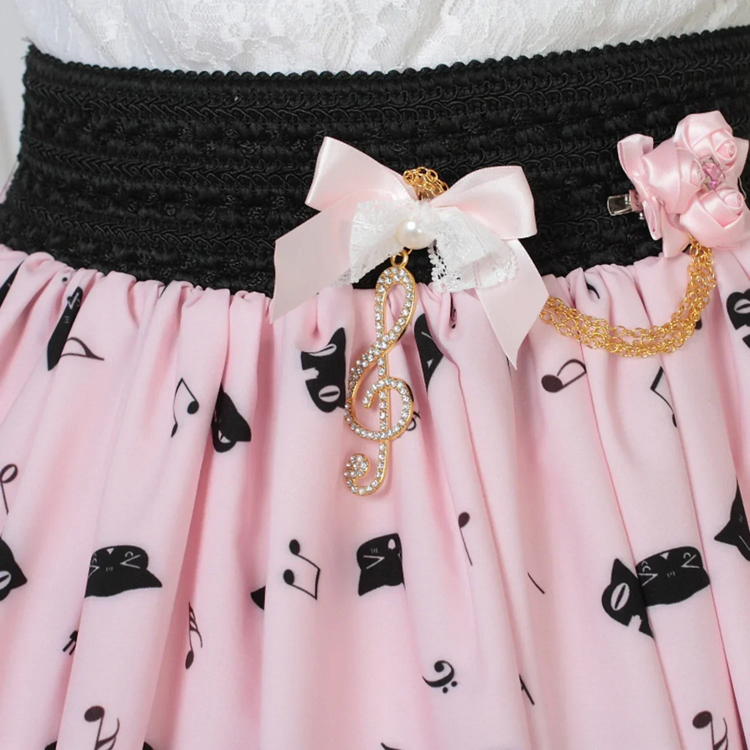 Kawaii Sweet Girl Pink Polyester Lace Piano Keybord Printed Lolita Skirt