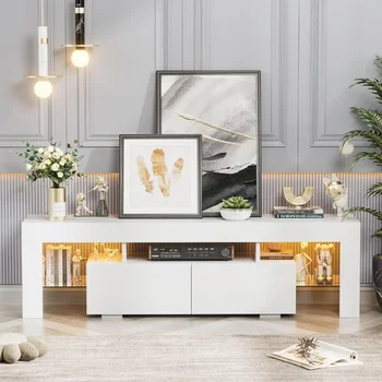 Modern LED TV Stand for Televisions up to 70 Inch with Glass Shelves and Drawer, Gaming Entertainment Center with Multiple 3