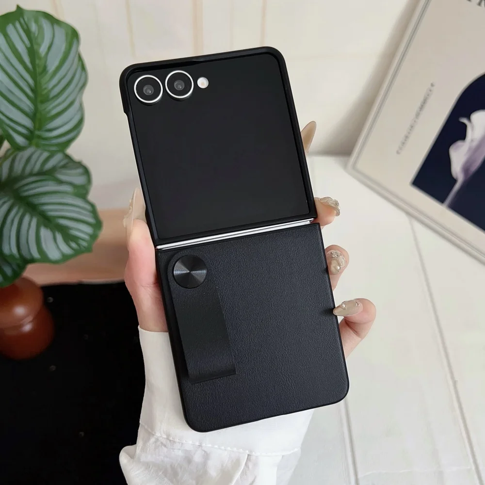 HandStrap Faux Leather Flip Phone Case with Skin-Friendly Lens Protection and Folding Hard Back Cover