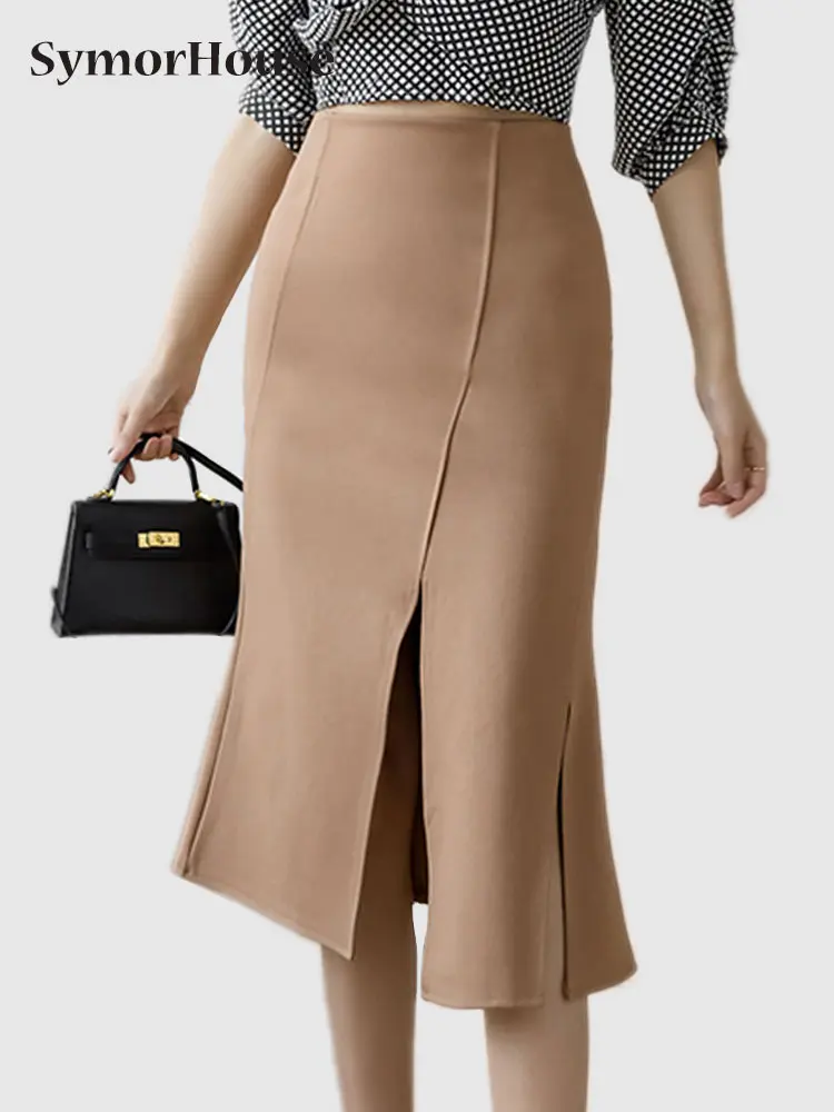 

Spring Summer Office Lady Elegant Mermaid Skirts New Arrival Korean High Waist Split Hip-Wrap Black Irregular Midi Skirts Female