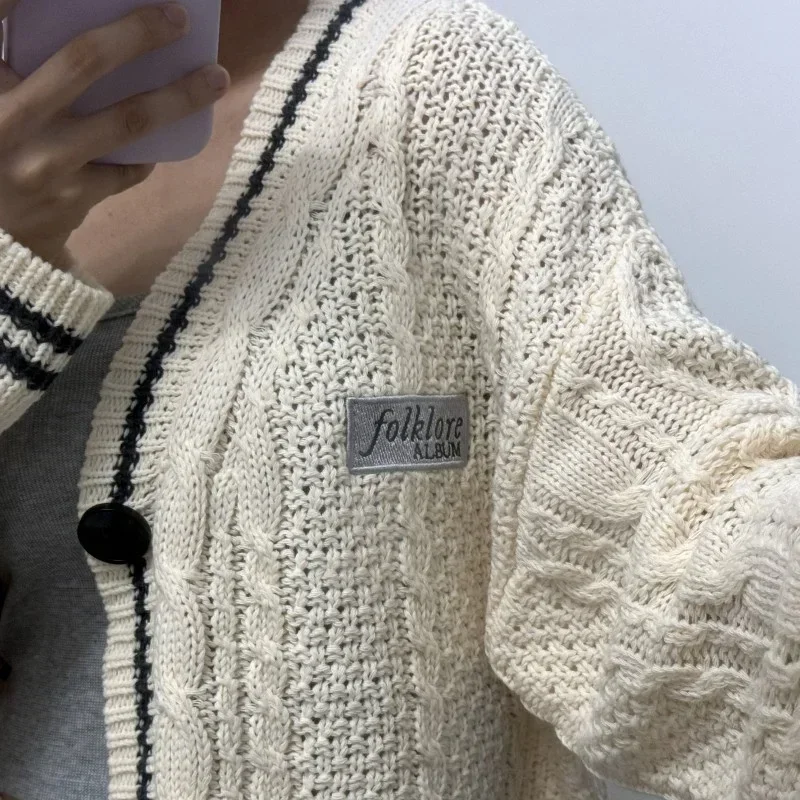 Limited Edition Folklore Cardigan Women Letter Patch Beige Knitted Cardigans with Star Embroidered Female Winter Autumn Sweaters 2