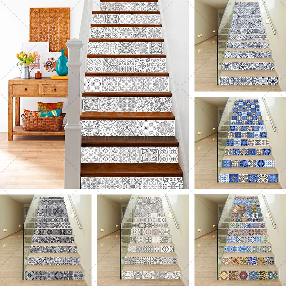 6pcs/13pcs Stair Stickers Tile Style Self Adhesive Stickers for Stair Covering Waterproof Non-slip Stair Tiles Stickers