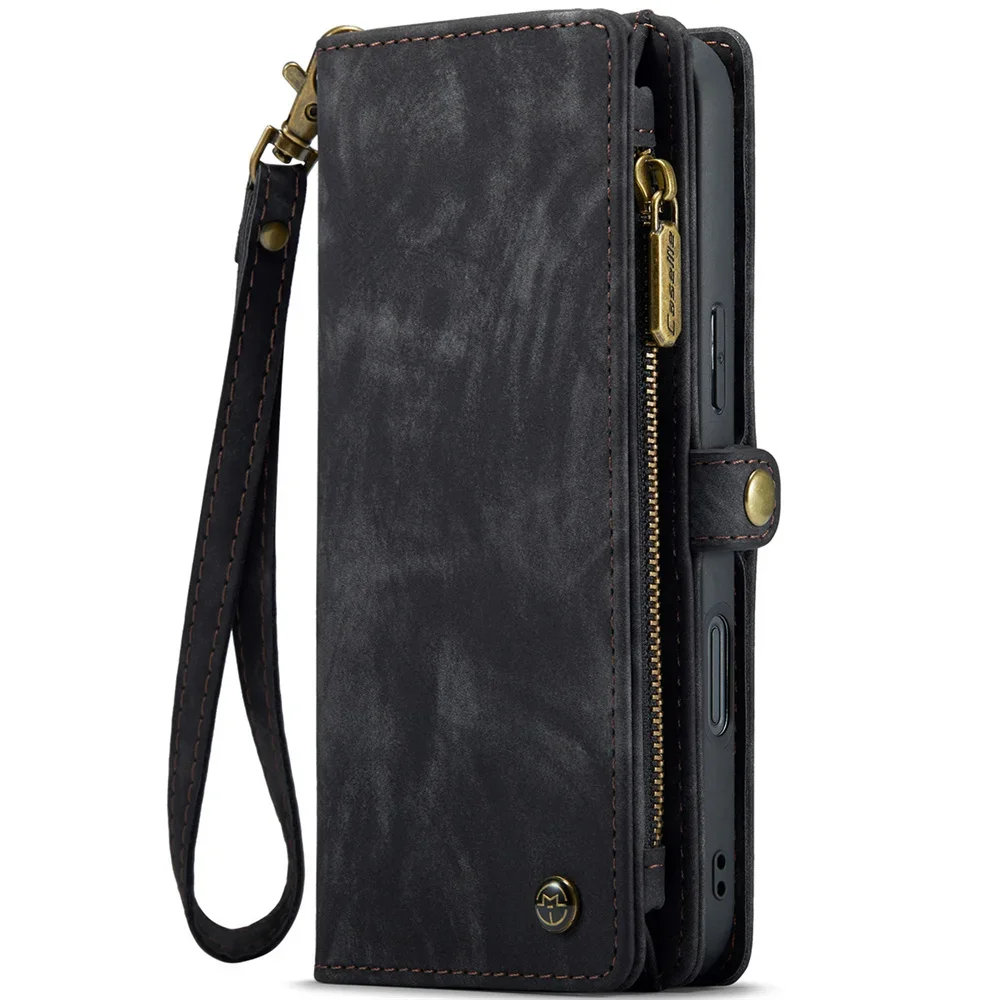 Luxury Leather Wallet Phone Case with Detachable Magnetic Zipper and Card Holder