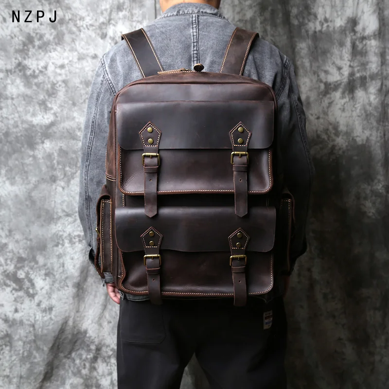 NZPJ 남성용 레트로 크레이지 호스 백팩, 대용량  가죽 백팩, 천연 소가죽 여행 가방, 17 인치 노트북용