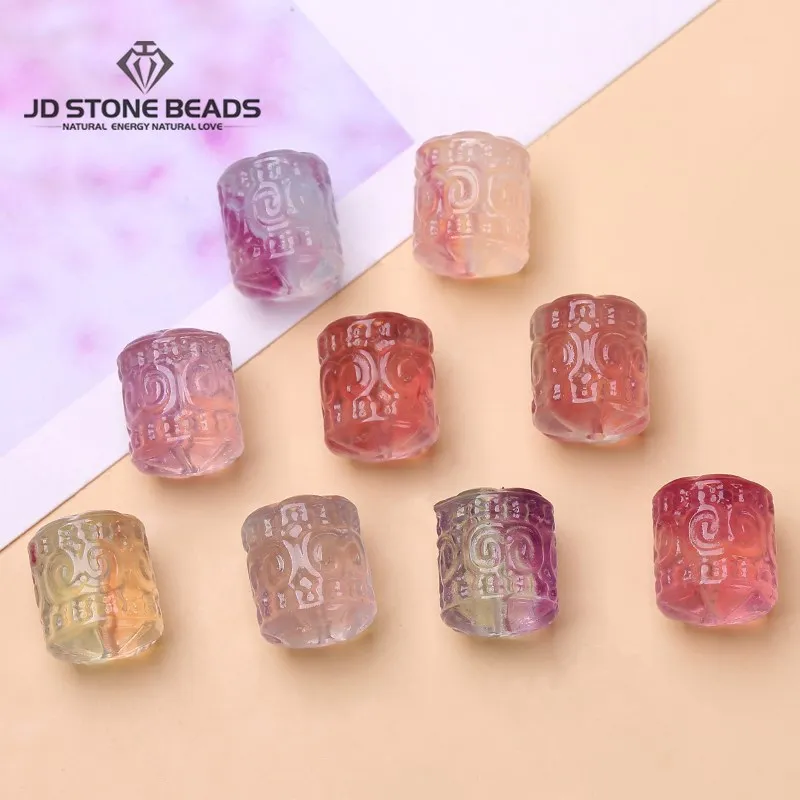 10 teile/los natürliche Fluorit gemusterte zylindrische Form geschnitzte Perle mit Loch Anhänger für Schmuck machen DIY Halskette Armband
