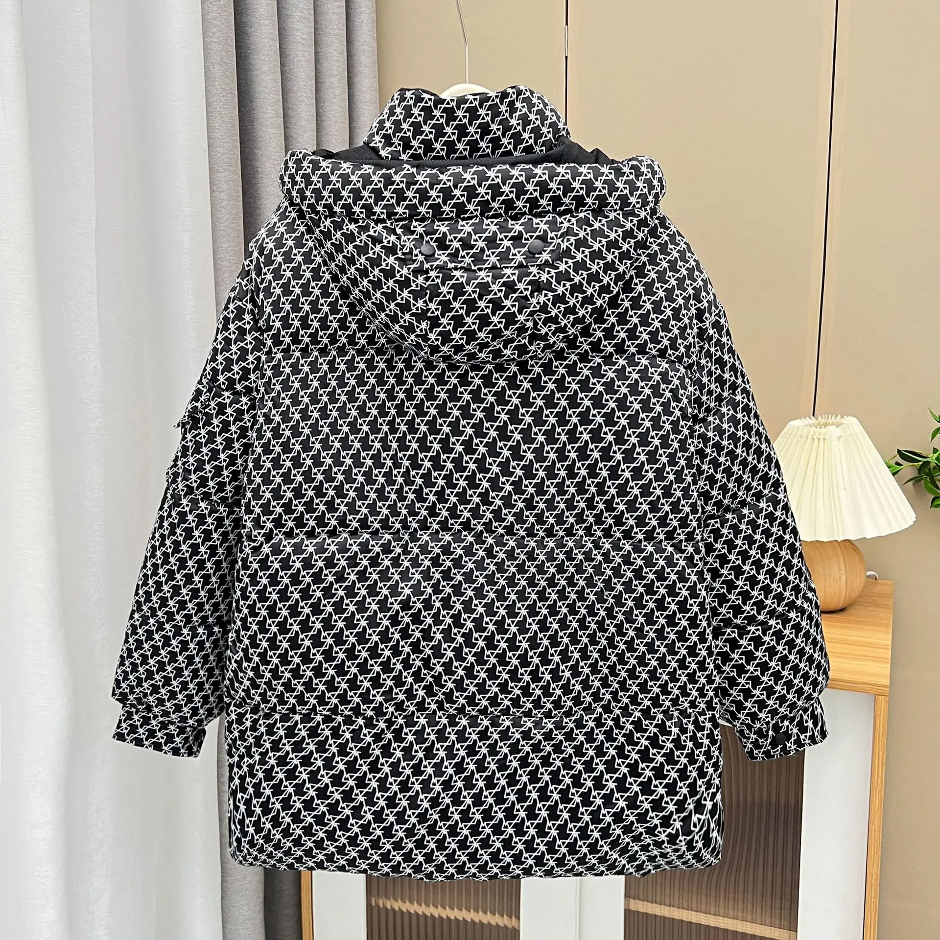 XXXXXL Fashion Plus Size Women's Parkas Winter Houndstooth Hooded Padded Jacket Loose Casual And Warm Coat 8388